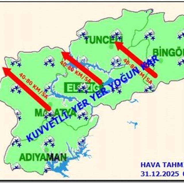 Elazığ için kuvvetli kar ve rüzgar uyarısı