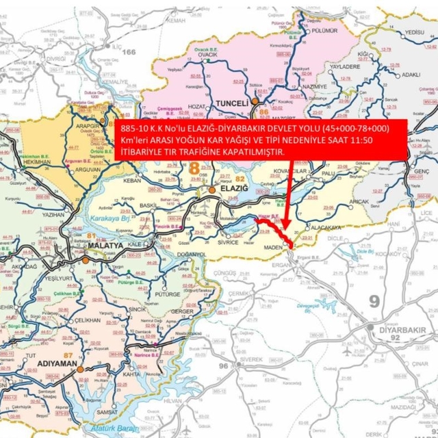 Elazığ-Diyarbakır karayolu ağır taşıt trafiğine kapatıldı
