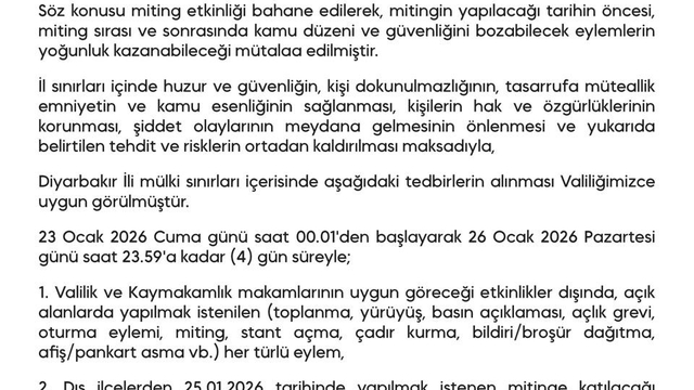 Diyarbakır'da gösteri ve yürüyüşler 4 gün boyunca yasaklandı