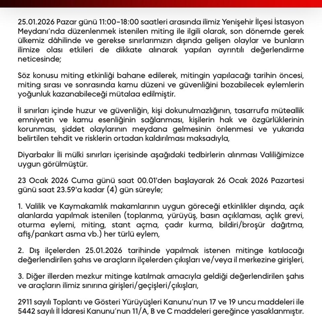 Diyarbakır'da gösteri ve yürüyüşler 4 gün boyunca yasaklandı