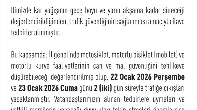 Elazığ'da motosiklet, mobilet ve motokuryelere 2 gün trafik yasağı