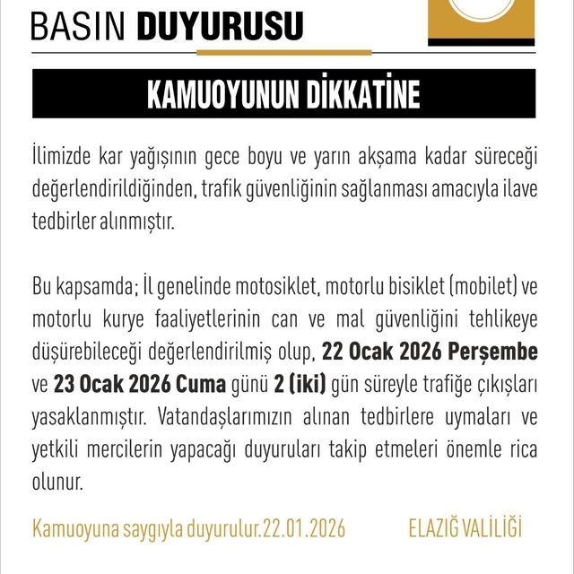 Elazığ'da motosiklet, mobilet ve motokuryelere 2 gün trafik yasağı