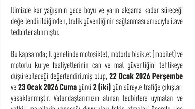 Elazığ'da motosiklet, mobilet ve motorlu kuryelerin trafiğe çıkışları yasaklandı