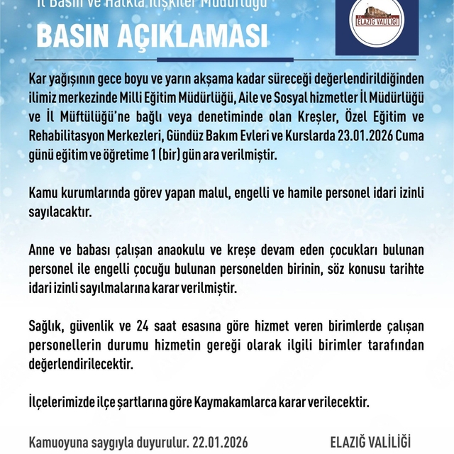 Elazığ'da rehabilitasyon ve bakımevi kurslarına kar tatili