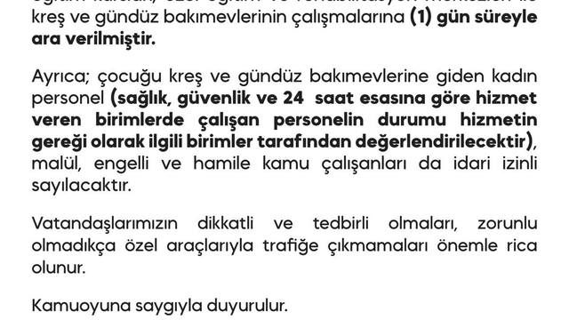 Diyarbakır'da özel eğitim kursları, rehabilitasyon merkezleri ve kreşlere 1 gün kar tatili