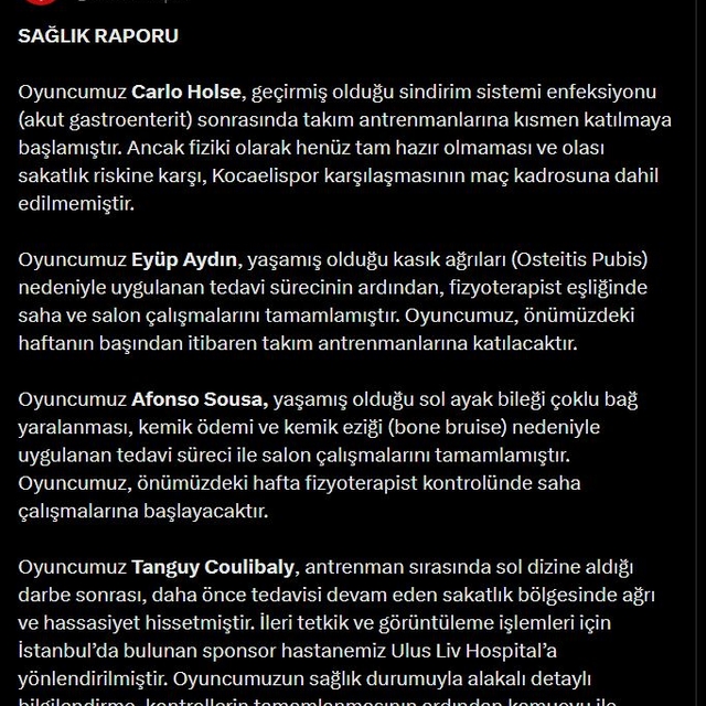 Samsunspor, 4 futbolcunun sakatlık durumunu açıkladı