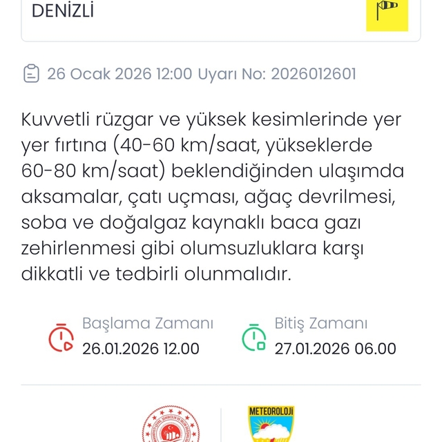 Denizli için kuvvetli rüzgar ve fırtına uyarısı verildi