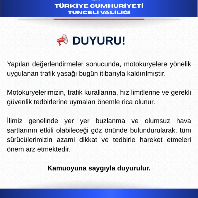 Motokuryelere uygulanan trafik yasağı kaldırıldı