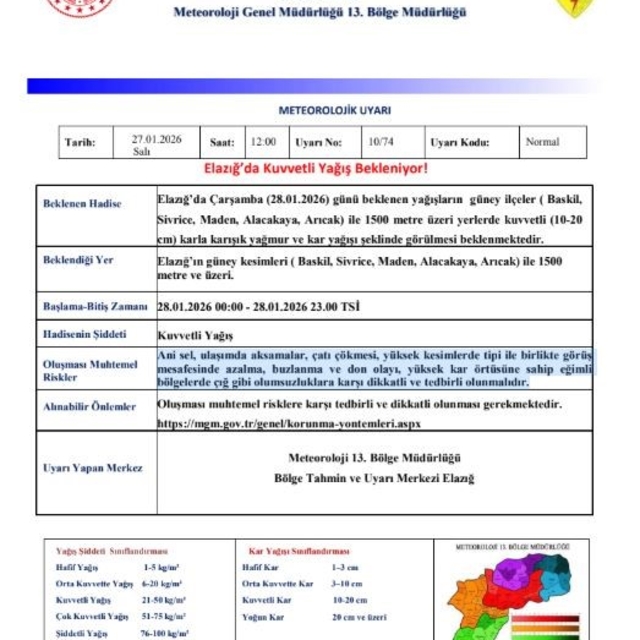 Meteorolojiden Elazığ'a kuvvetli kar uyarısı