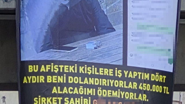 Trabzon'da garip afiş
Kendisini dolandırdığını iddia ettiği kişilerin isim, resim ve cep telefonu numaralarının yazılı olduğu afişi şehir merkezindeki viyadüğe astı