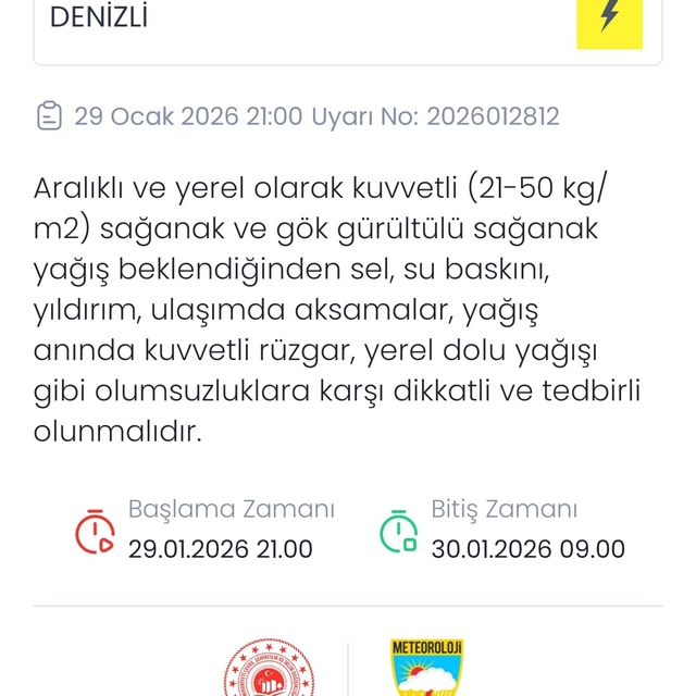 Denizli'ye kuvvetli sağanak ve gök gürültülü yağış uyarısı