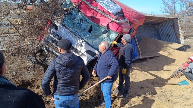 TIR, refüje ve ağaca çarparak devrildi