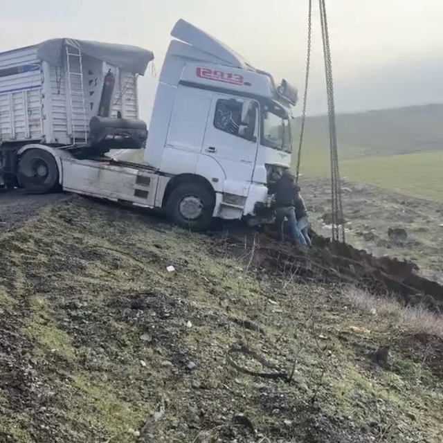 Mardin'de kontrolden çıkan tır yol kenarına savruldu