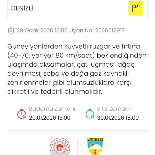 Meteoroloji Denizli için fırtına uyarısında bulundu
