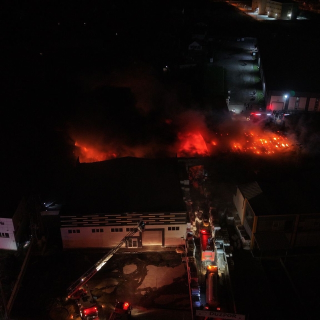 Düzce'deki fabrika yangını havadan görüntülendi