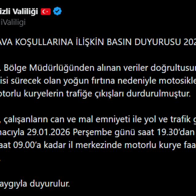 Denizli Valiliği fırtına nedeniyle motorlu kurye faaliyetlerini durdurdu