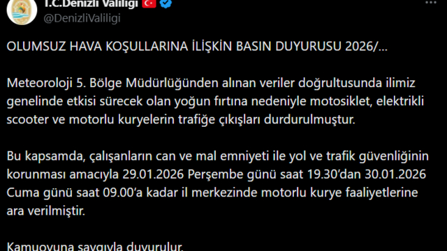 Denizli Valiliği fırtına nedeniyle motorlu kurye faaliyetlerini durdurdu