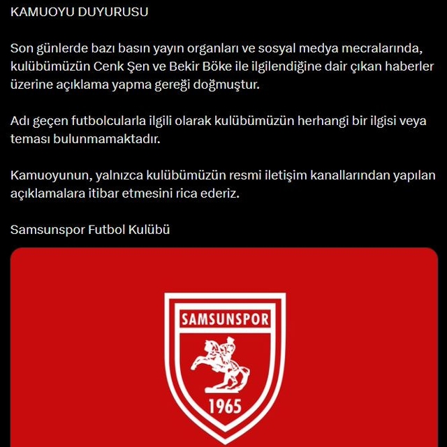 Samsunspor, Cenk Şen ve Bekir Böke haberlerini yalanladı