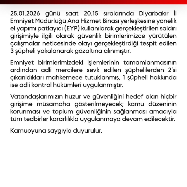 Diyarbakır Emniyet Müdürlüğüne EYP'li saldırıda 3 gözaltı