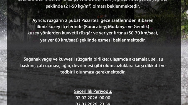 Bursa genelinde kuvvetli sağanak bekleniyor