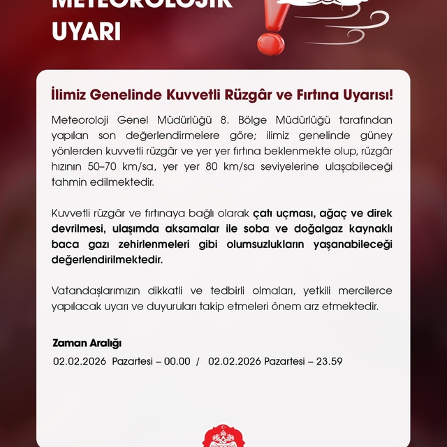 Niğde Valiliği'nden kuvvetli rüzgar uyarısı
