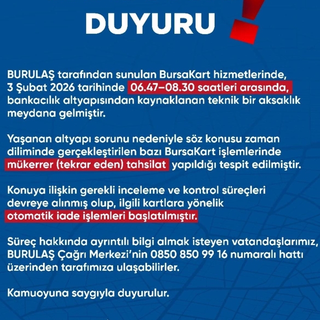 BURULAŞ'tan önemli uyarı
Bazı kartlarda mükerrer çekim yapıldığı açıklandı