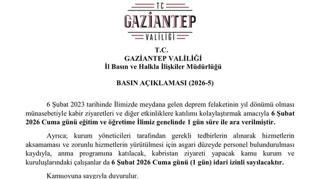 Gaziantep'te 6 Şubat'ta eğitime 1 gün ara verildi