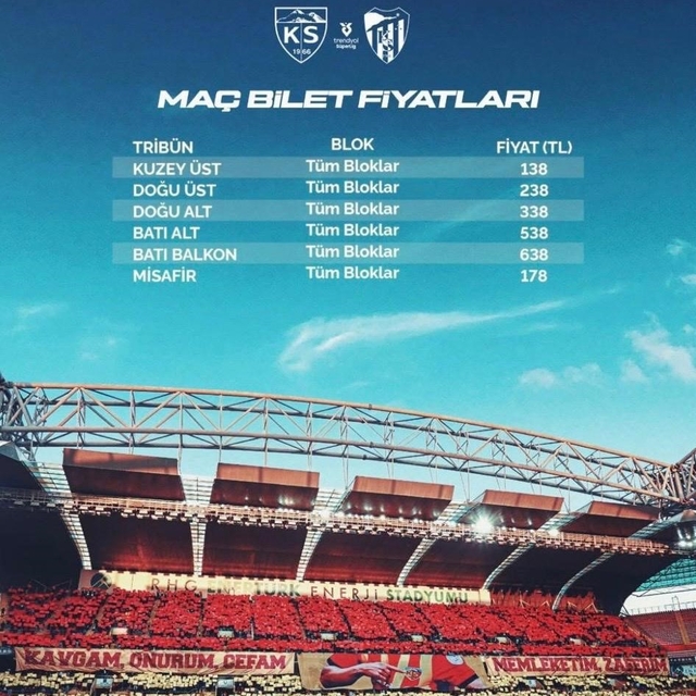 Kayserispor-Kocaelispor maçının bilet fiyatları belli oldu