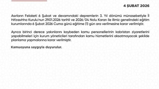 Hatay'da 6 Şubat'ta eğitime bir gün ara