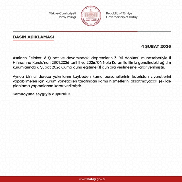 Hatay'da 6 Şubat'ta eğitime bir gün ara