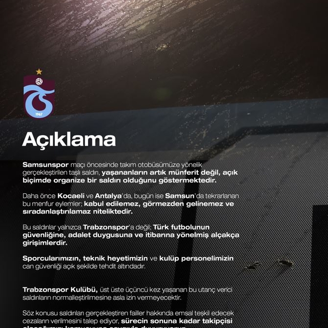 Trabzonspor'dan takım otobüsüne yapılan taşlı saldırıyla ilgili açıklama