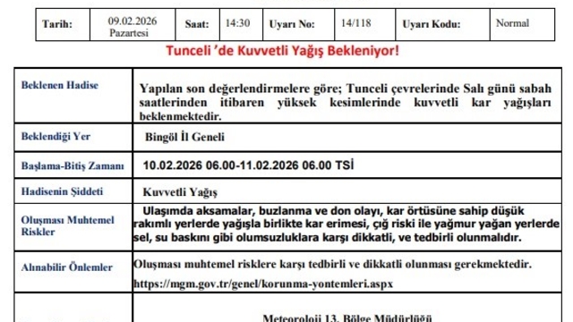 Tunceli için kuvvetli kar yağışı uyarısı