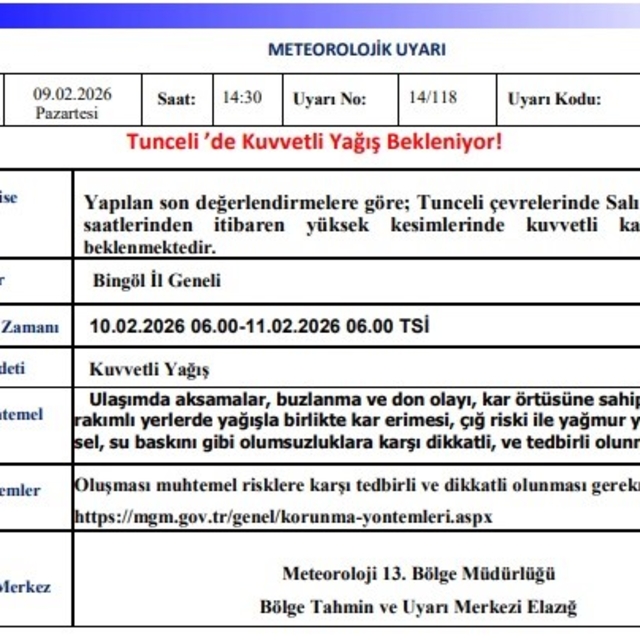 Tunceli için kuvvetli kar yağışı uyarısı