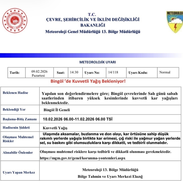 Meteorolojiden Bingöl için kuvvetli yağış uyarısı
