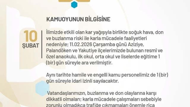 Erzurum'da eğitime bir gün ara verildi