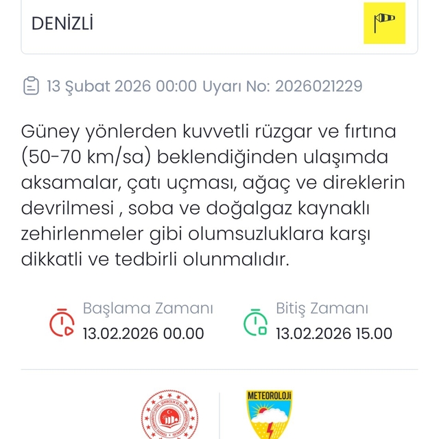 Denizli için kuvvetli rüzgar ve fırtına uyarısı