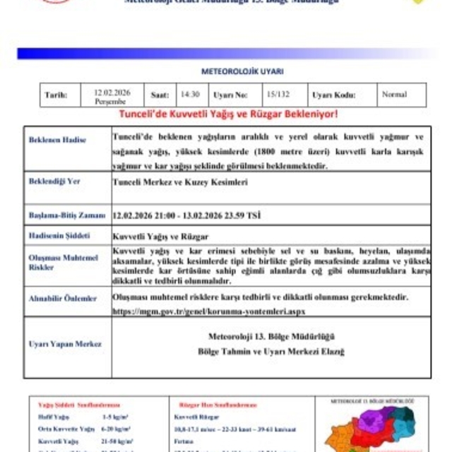 Meteorolojiden Tunceli'ye kuvvetli yağış ve rüzgar uyarısı