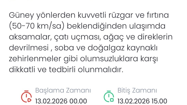 Denizli için kuvvetli rüzgar ve fırtına uyarısı