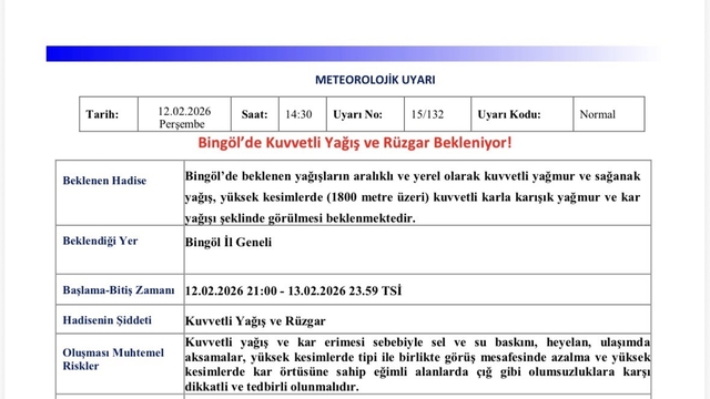 Meteorolojiden Bingöl için kuvvetli yağış uyarısı