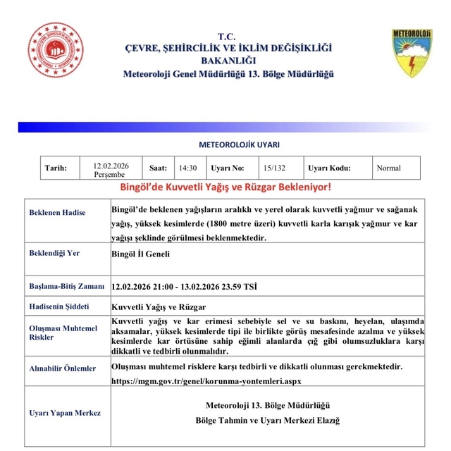 Meteorolojiden Bingöl için kuvvetli yağış uyarısı