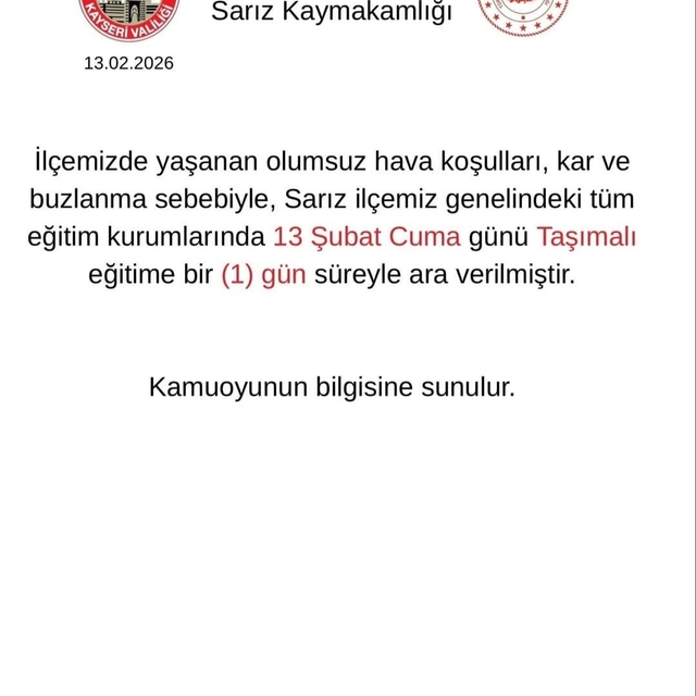 Sarız'da taşımalı eğitime 1 gün ara verildi