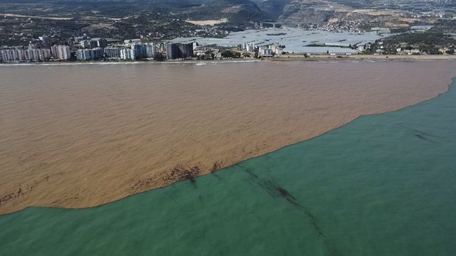 Derelerden Akdeniz'e akan sel suları kıyı şeridini çamura bürüdü