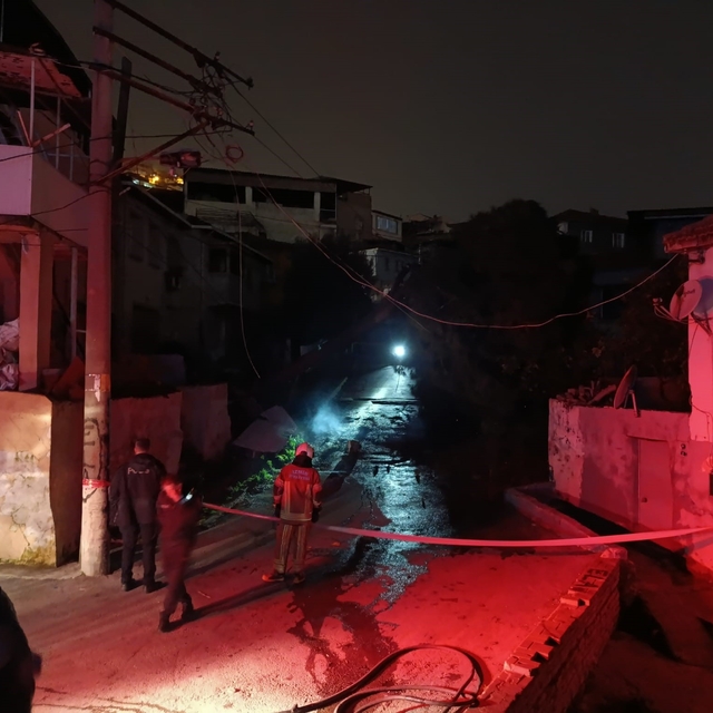 İzmir'de fırtına nedeniyle devrilen ağaç alev aldı