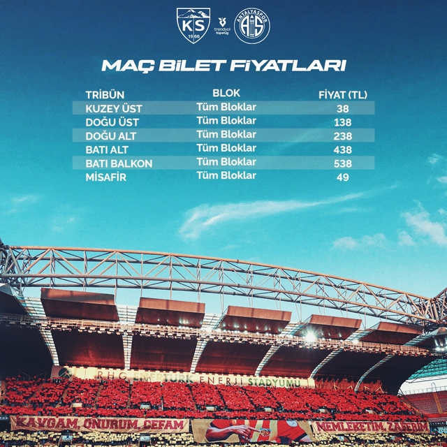 Kayserispor - Antalyaspor maçının bilet fiyatları belli oldu
Biletler yarın...