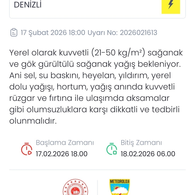 Denizli için sağanak ve gök gürültülü yağış uyarısı