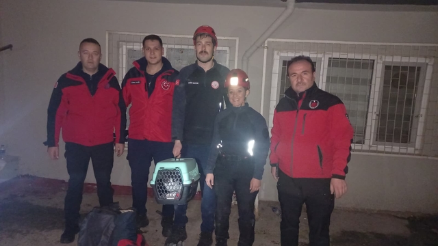 Balıkesir'de havalandırma boşluğuna düşen kedi kurtarıldı