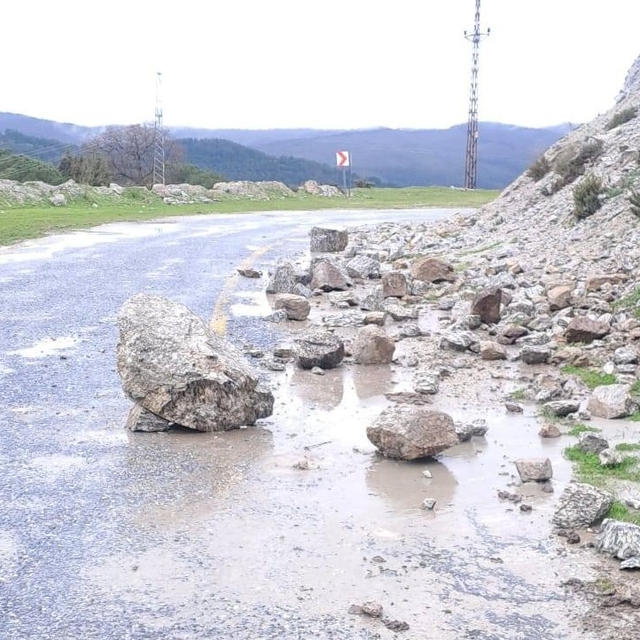 Yağış sonrası topraktan kaydı, kayalar yolu kapattı