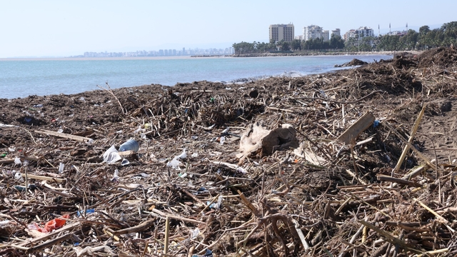 Mersin'de sağanağın etkisiyle balçık biriken Millet Bahçesi sahili temizliyor