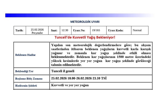 Tunceli için 'Kuvvetli Yağış' uyarısı