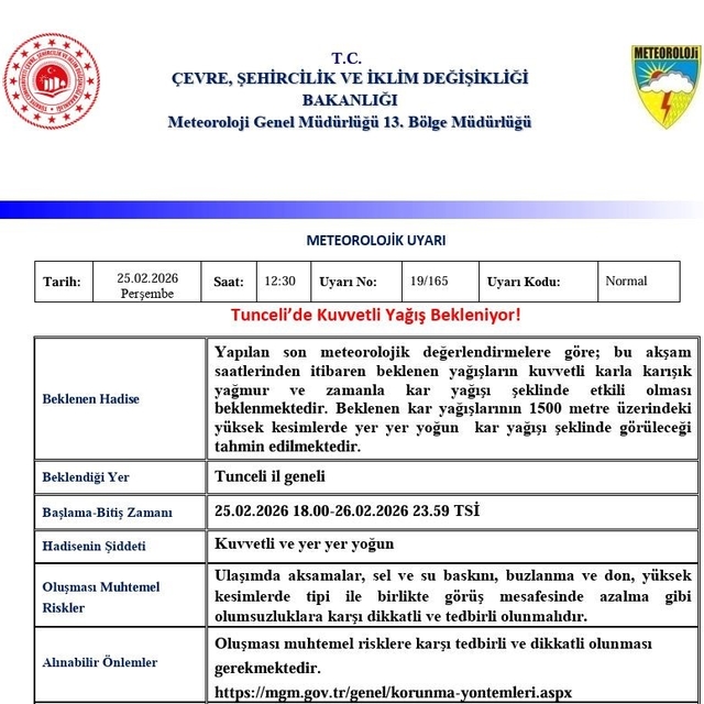 Tunceli için 'Kuvvetli Yağış' uyarısı